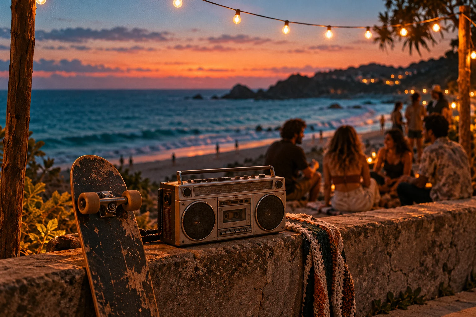 Kassettenradio und Skateboard am Strand im Abendlicht