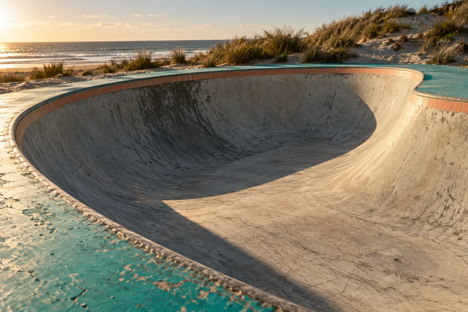 Leere Beton-Bowl zwischen Dünen und Meer