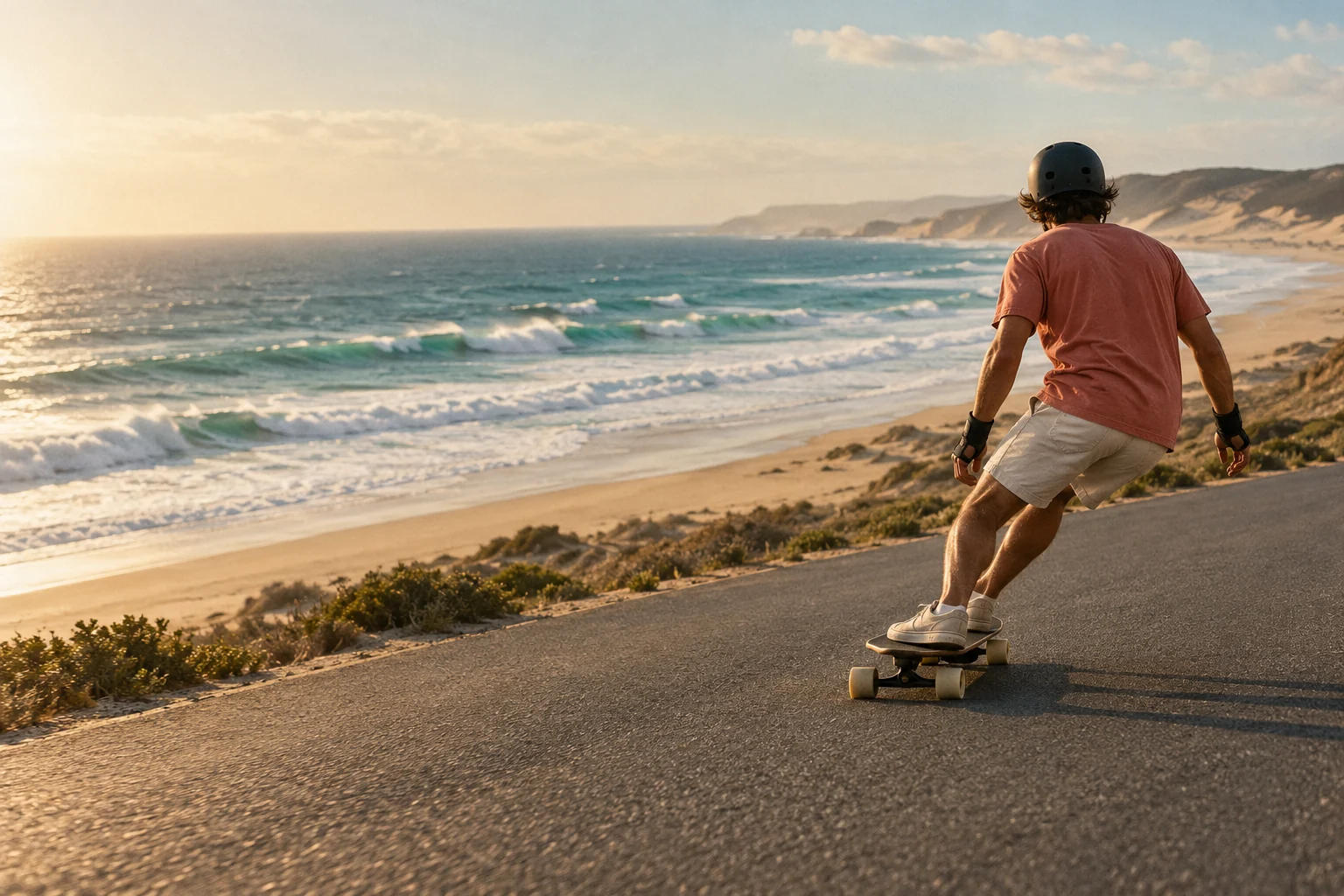 Surfskater auf einer Küstenstraße mit Wellen und Sandstrand